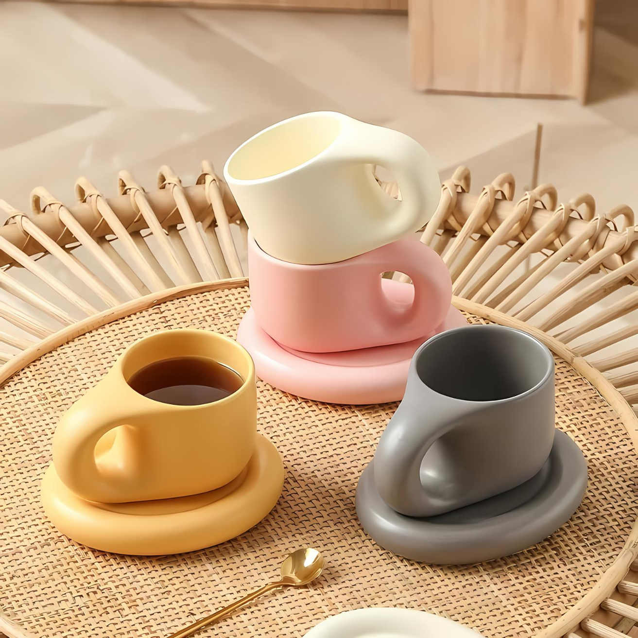 Ceramic mug – Marshmallow-inspired design – 400 ml – Includes oval plate for snacks