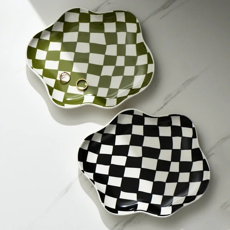 Ceramic serving tray – Checkered pattern – 9.1 in diameter – Stylish home decor piece