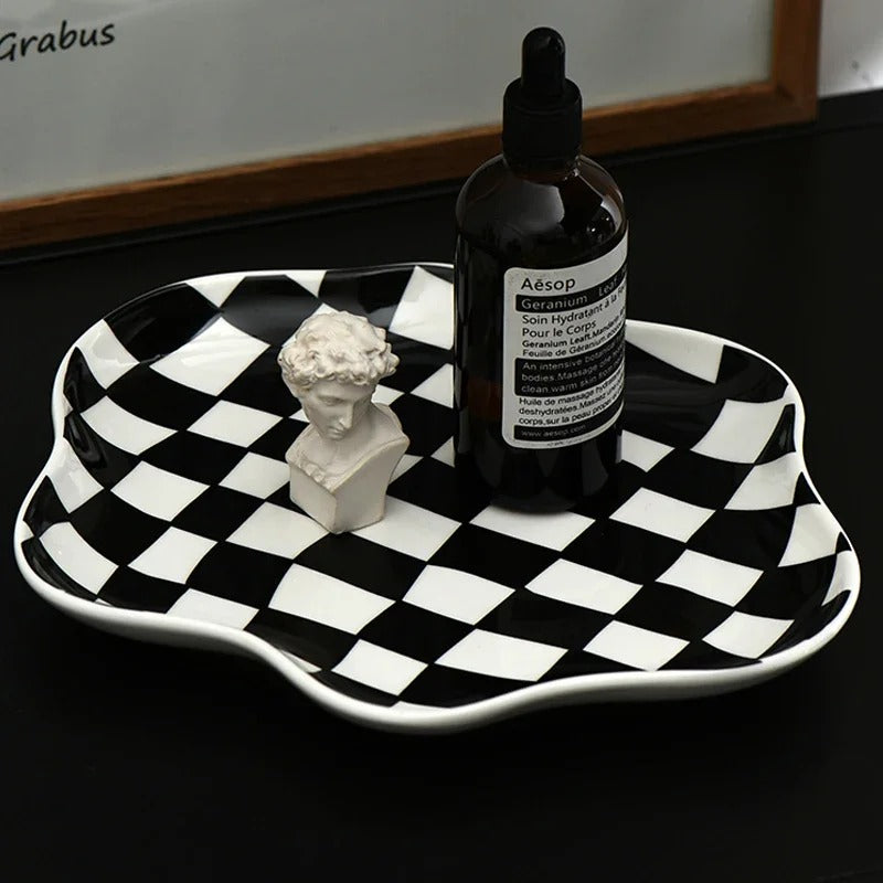 Ceramic serving tray – Checkered pattern – 9.1 in diameter – Stylish home decor piece