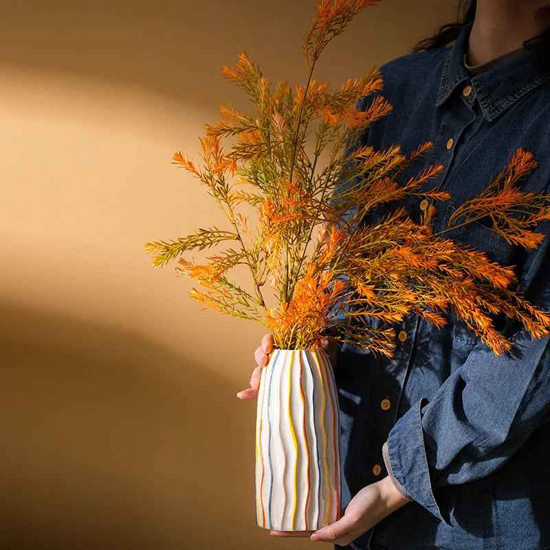 Ceramic vase – Colorful stripe design – Stylish home decor – Ideal for fresh or dried flowers – 6.5 x 6.5 x 12 in