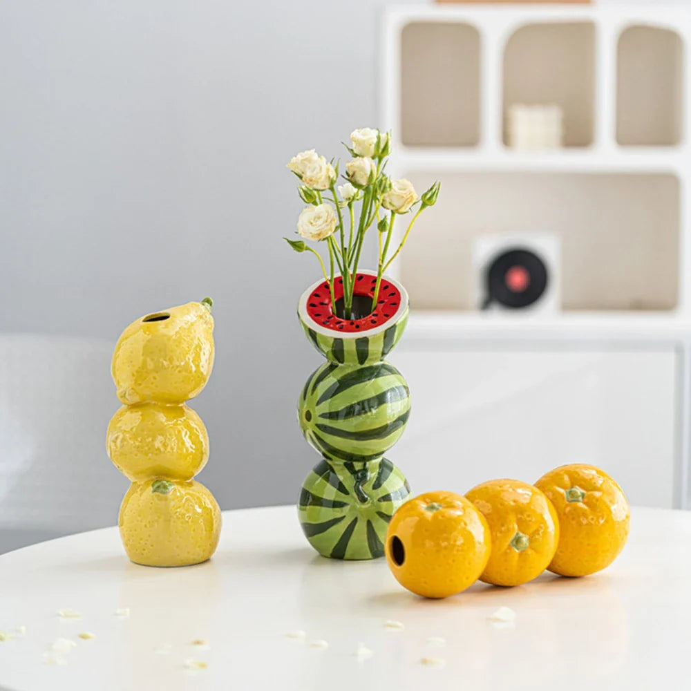 Modern ceramic watermelon fruit vase with triple-stacked citrus design, decorative table centerpiece for pampas grass or flowers