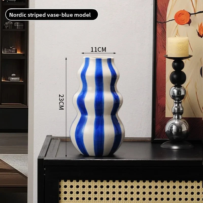 Ceramic vase – Red vertical stripes – Elegant decorative centerpiece