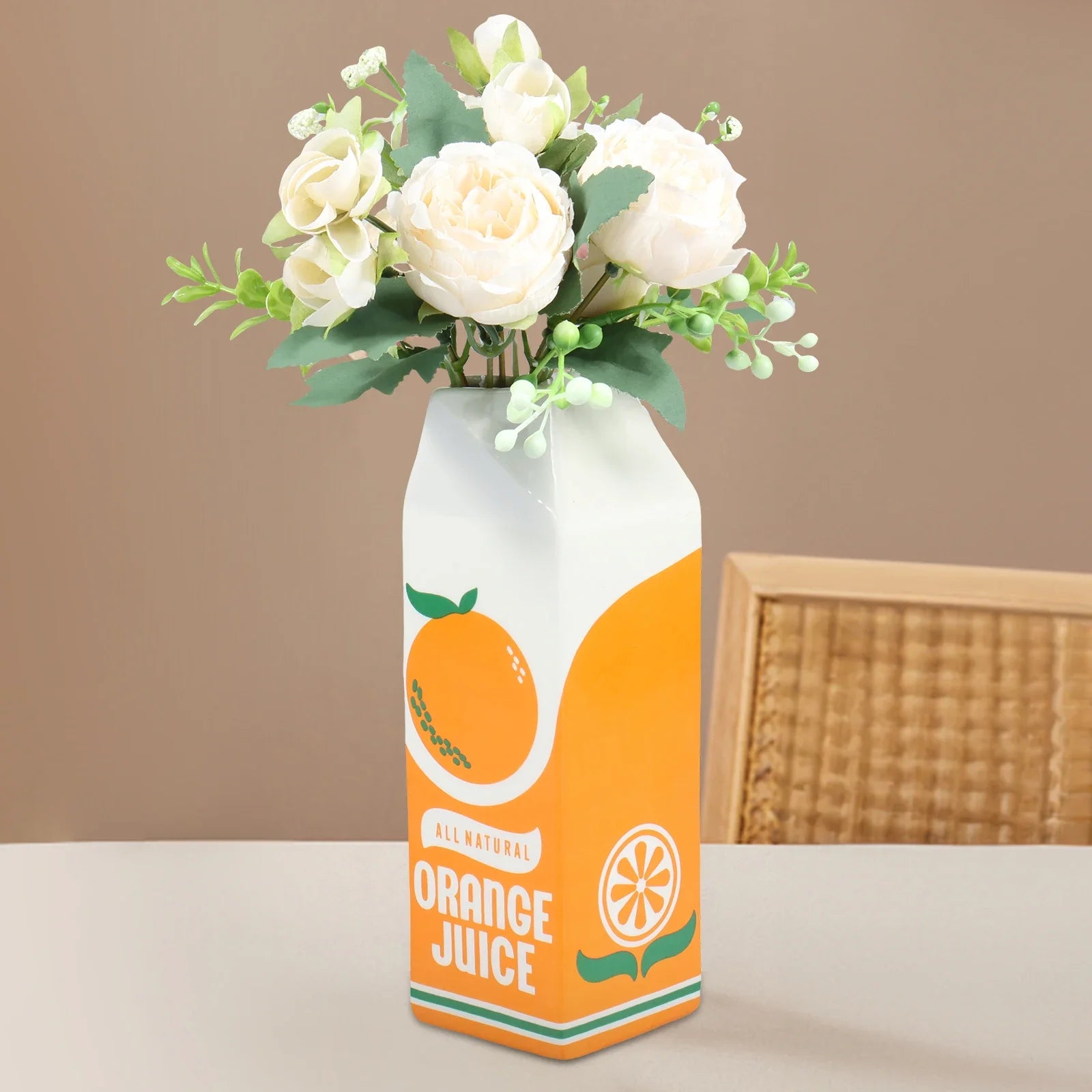 Ceramic vase – Vintage orange juice box design – Whimsical home decor for living room or kitchen – 8.5 x 2.75 in