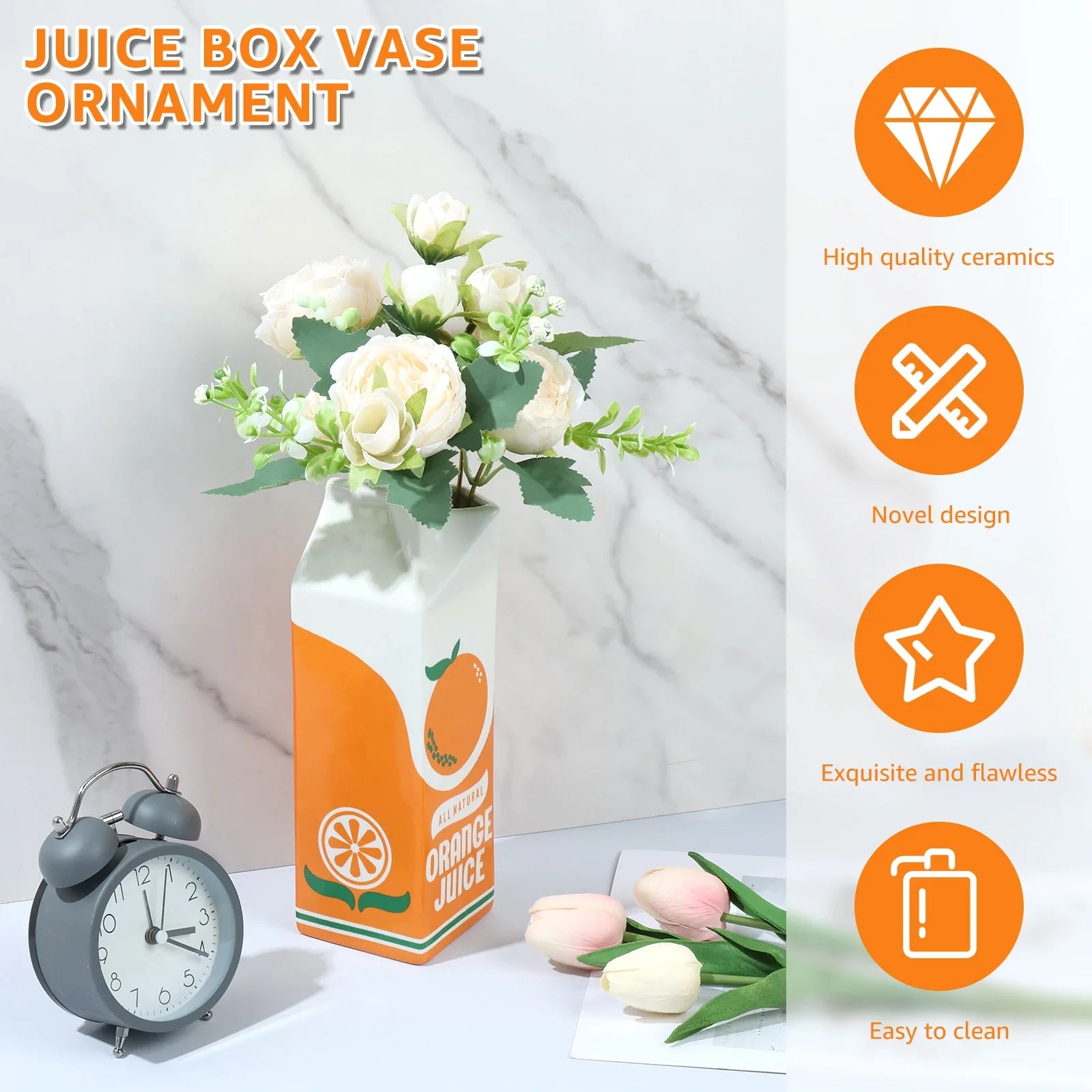 Ceramic vase – Vintage orange juice box design – Whimsical home decor for living room or kitchen – 8.5 x 2.75 in