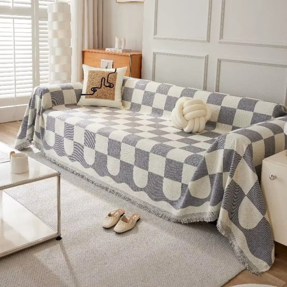 Chess Board Chic Tasseled Sofa Cover