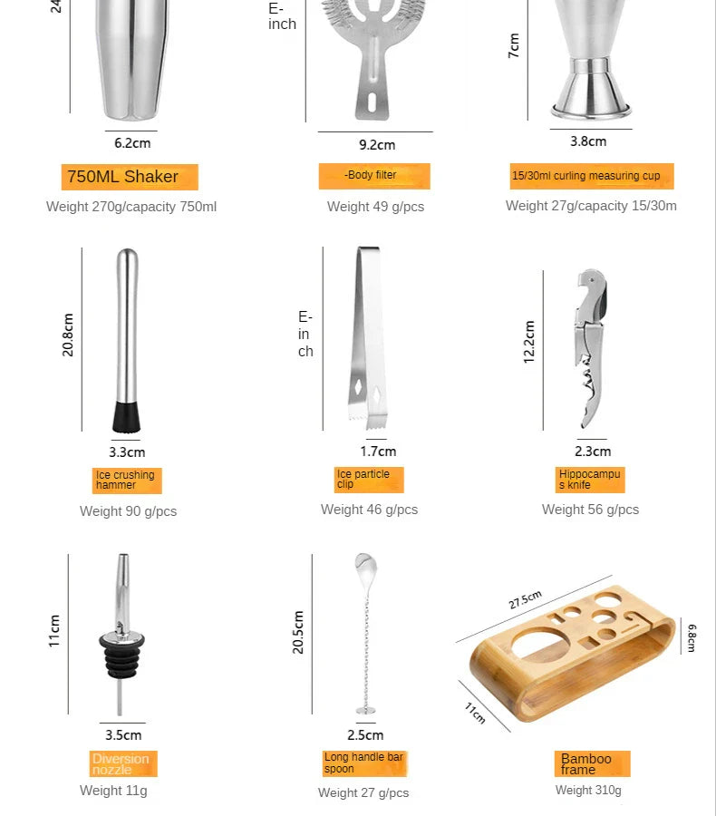 Premium stainless steel cocktail shaker set with mixing spoon, citrus slices, and bar tools – professional bartender kit for home and party drinks