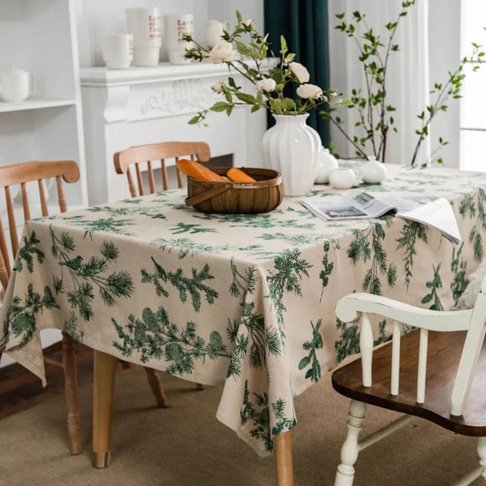 Cotton Dining Table Cloth with Rustic Pine and Bird Print, 60 x 84 Inches, Machine Washable Dining Room Table Cover