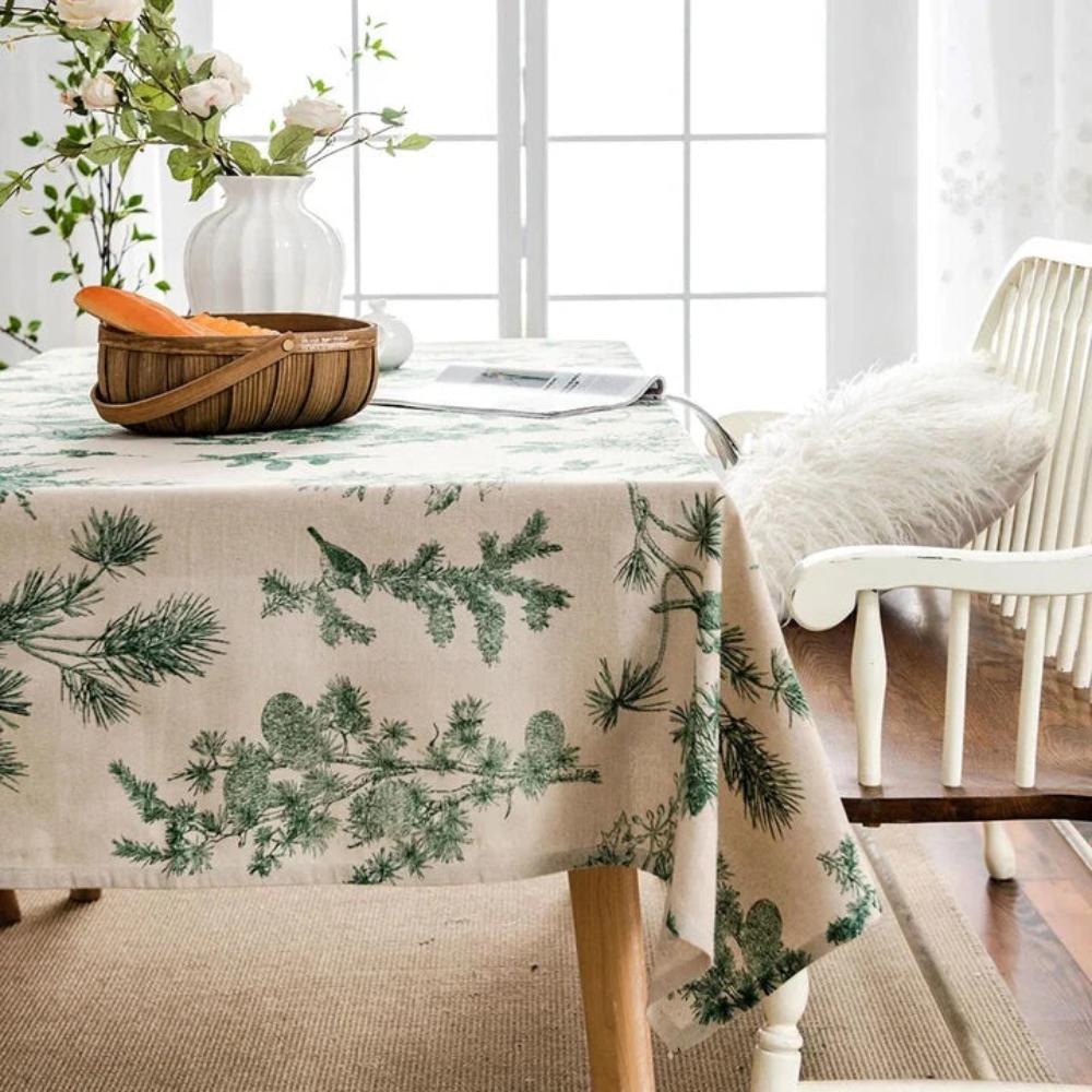 Cotton Dining Table Cloth with Rustic Pine and Bird Print, 60 x 84 Inches, Machine Washable Dining Room Table Cover