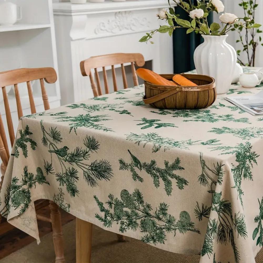 Cotton Dining Table Cloth with Rustic Pine and Bird Print, 60 x 84 Inches, Machine Washable Dining Room Table Cover