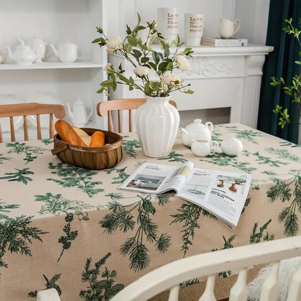 Cotton Dining Table Cloth with Rustic Pine and Bird Print, 60 x 84 Inches, Machine Washable Dining Room Table Cover