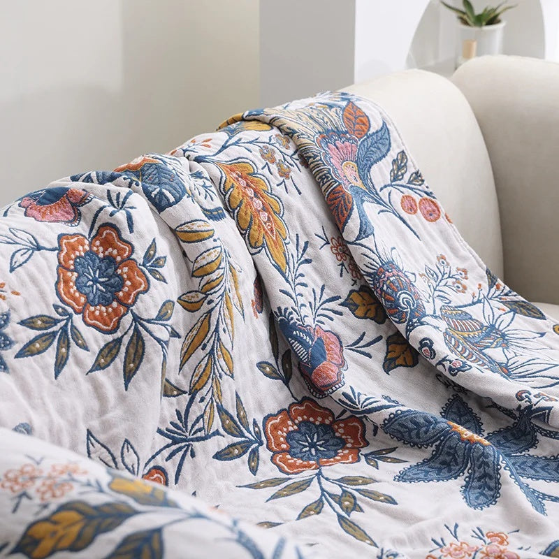 Cotton Floral Throw Blanket with Tassels - Reversible Design, Lightweight, for All-Season Comfort