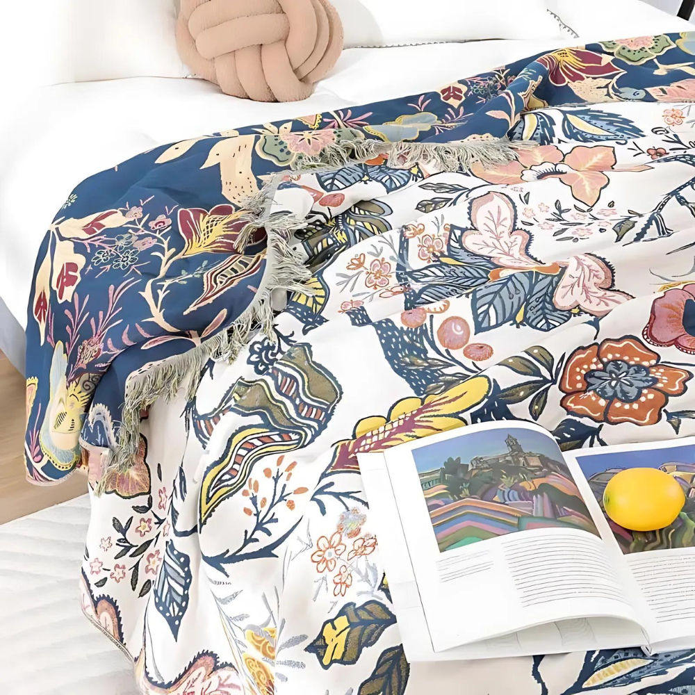 Cotton Floral Throw Blanket with Tassels - Reversible Design, Lightweight, for All-Season Comfort