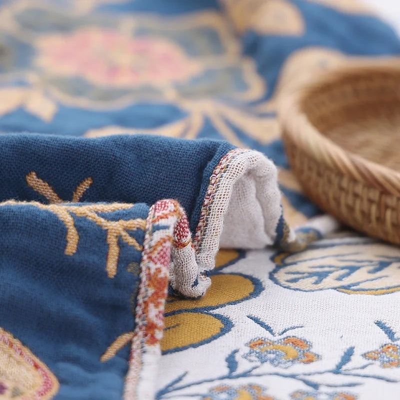 Cotton Floral Throw Blanket with Tassels - Reversible Design, Lightweight, for All-Season Comfort