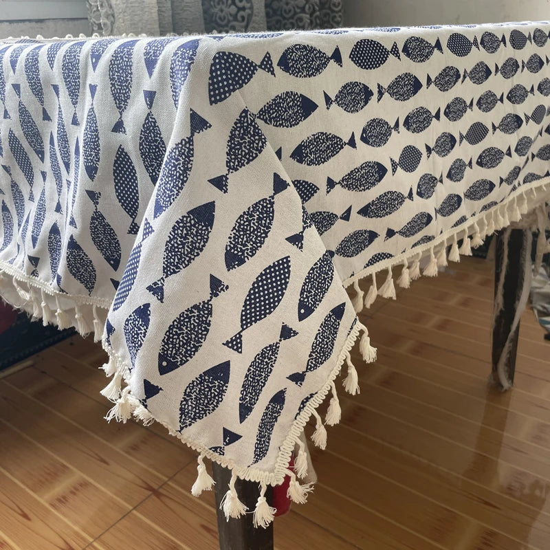 Cotton Linen Tablecloth, Blue Fish Print, Washable, Ideal for Weddings and Tea Tables