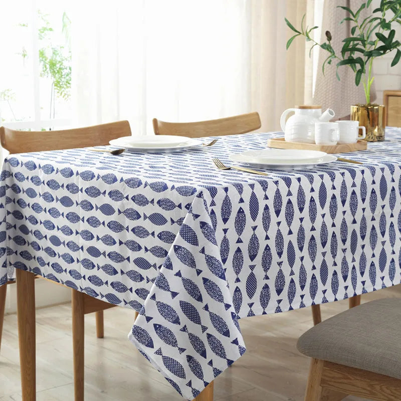 Cotton Linen Tablecloth, Blue Fish Print, Washable, Ideal for Weddings and Tea Tables