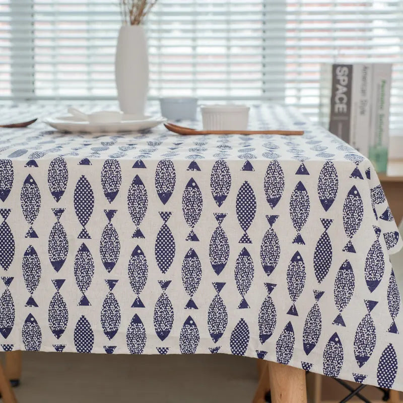 Cotton Linen Tablecloth, Blue Fish Print, Washable, Ideal for Weddings and Tea Tables