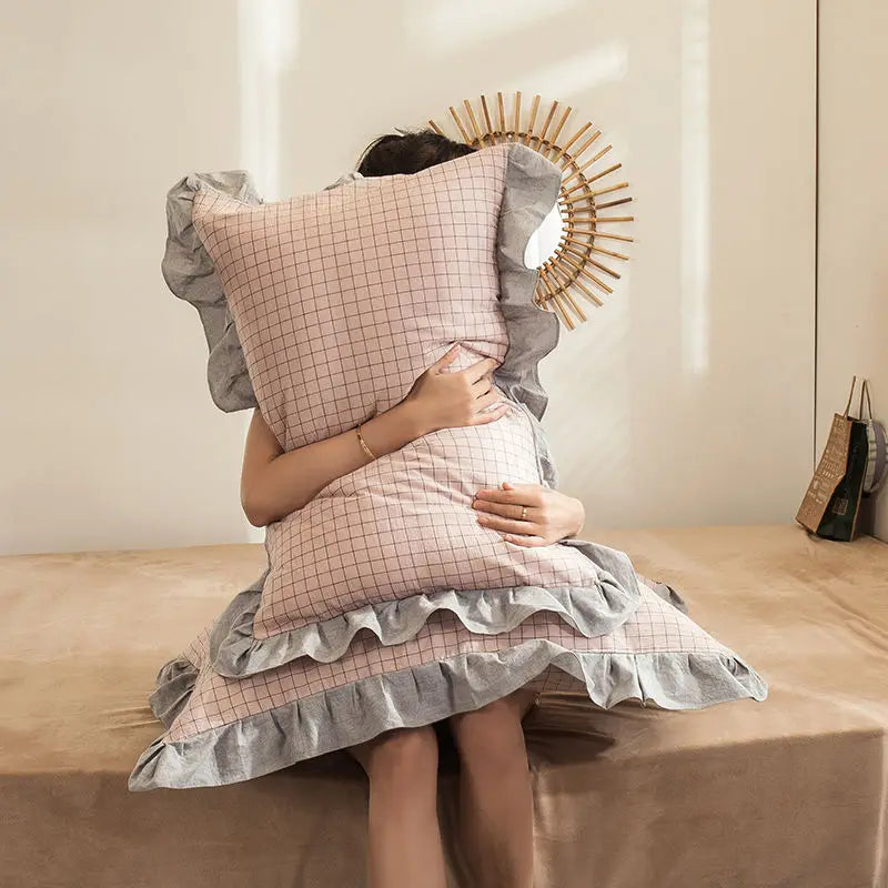 Cotton Pillowcase Pair with Floral Edge Decor, Standard Size, Soft and Breathable