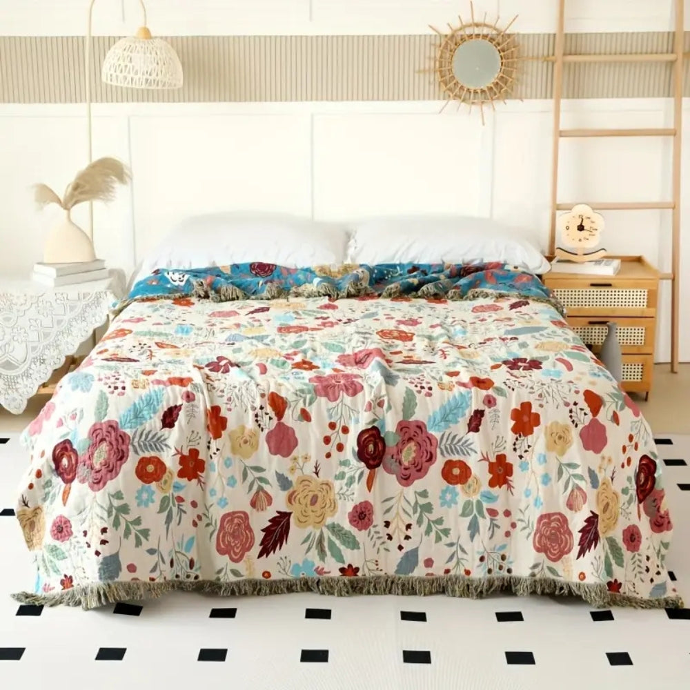 Cotton blanket – Reversible floral design – Bohemian style – Cozy bedspread or throw – 78.7 x 90.6 in