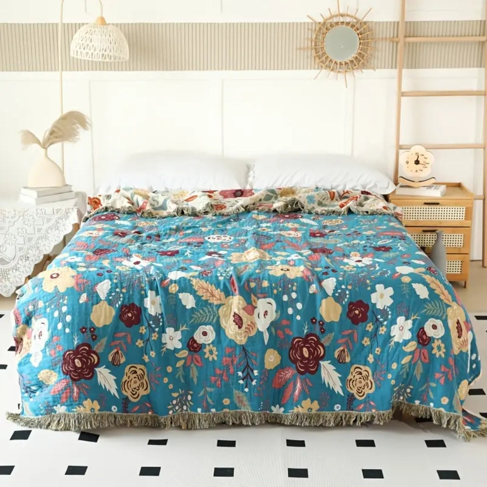 Cotton blanket – Reversible floral design – Bohemian style – Cozy bedspread or throw – 78.7 x 90.6 in