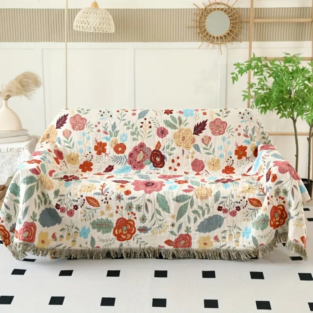 Cotton blanket – Reversible floral design – Bohemian style – Cozy bedspread or throw – 78.7 x 90.6 in