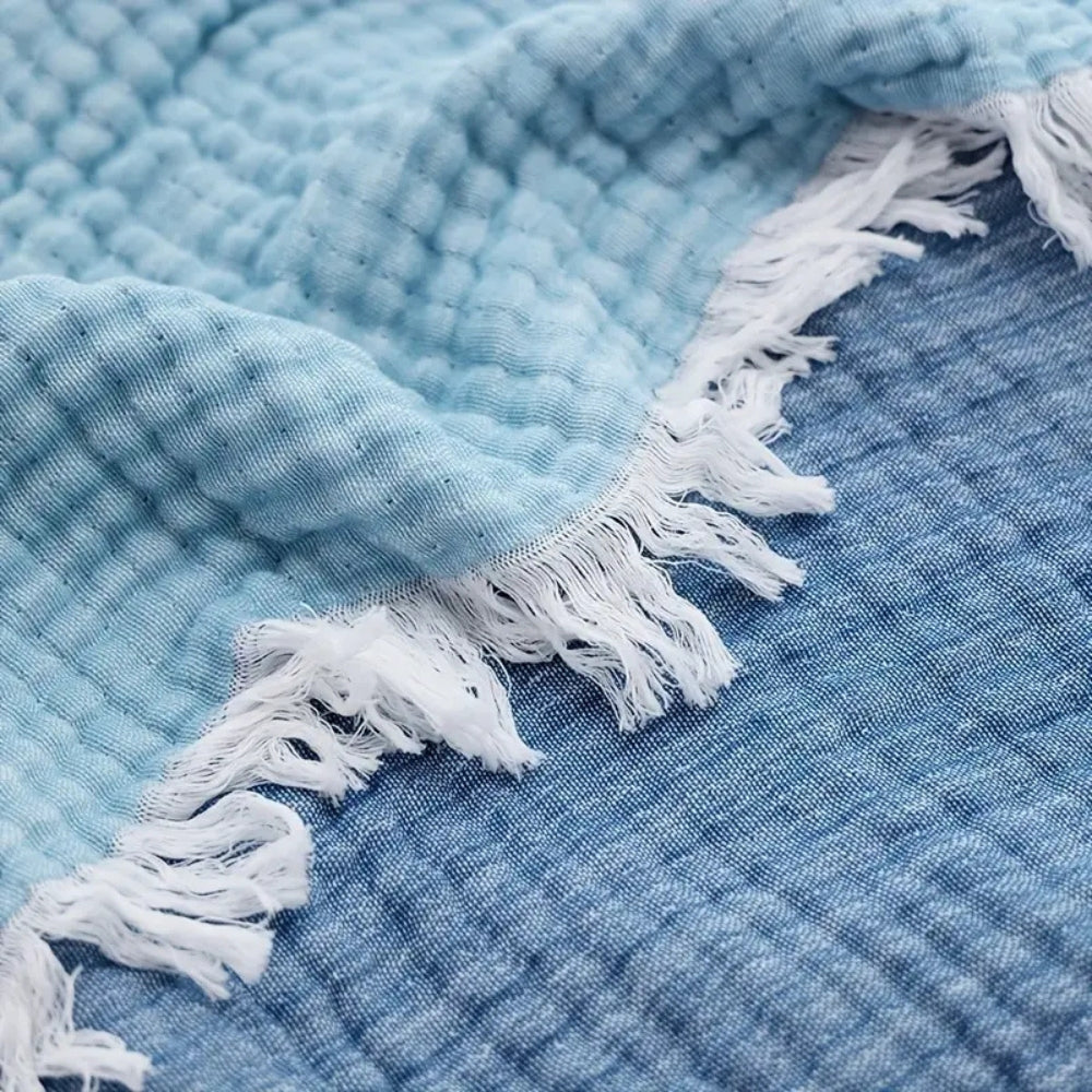 Cotton gauze blanket – Soft-washed fabric – Lightweight summer throw – Elegant fringe design – Cozy home accessory