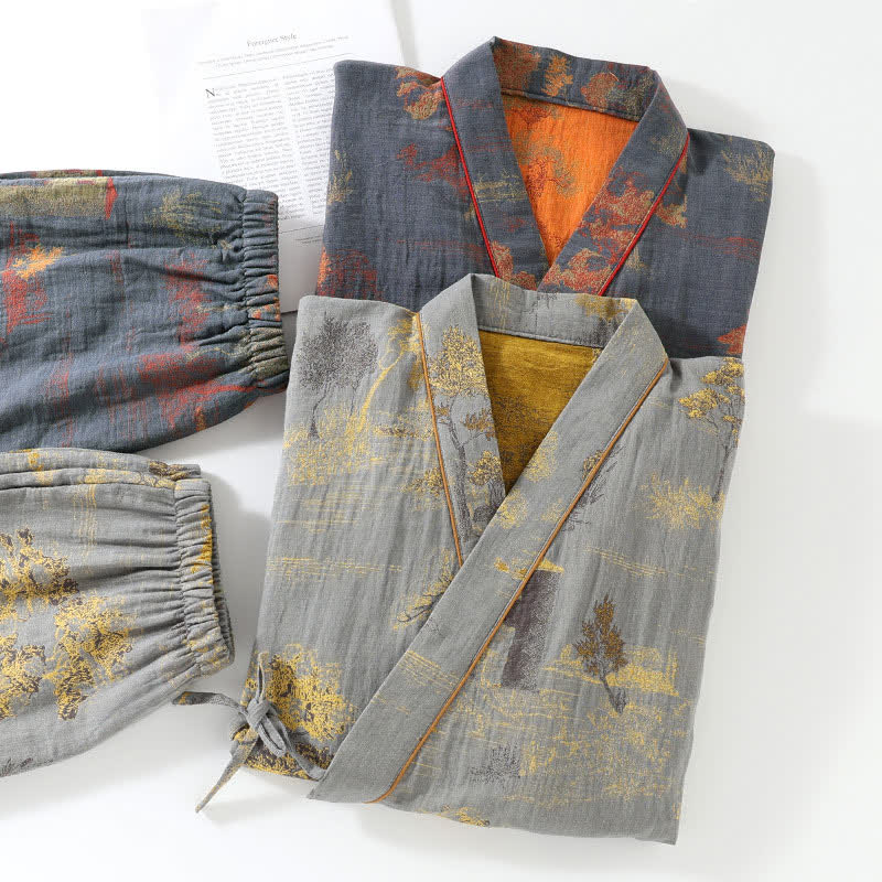 Cotton pajama set – Soft breathable fabric – Neutral landscape print – Comfortable kimono style for women