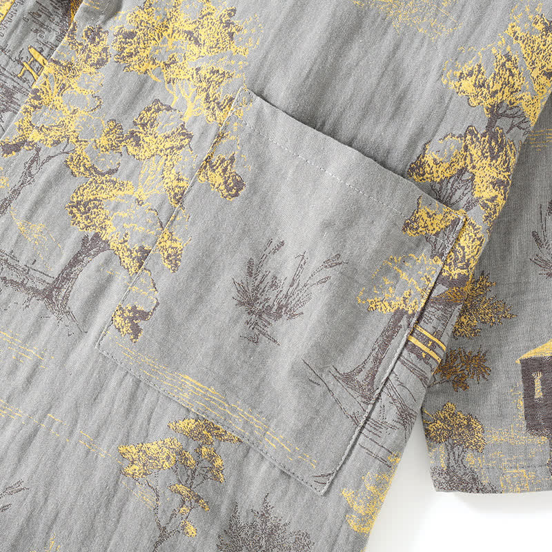 Cotton pajama set – Soft breathable fabric – Neutral landscape print – Comfortable kimono style for women