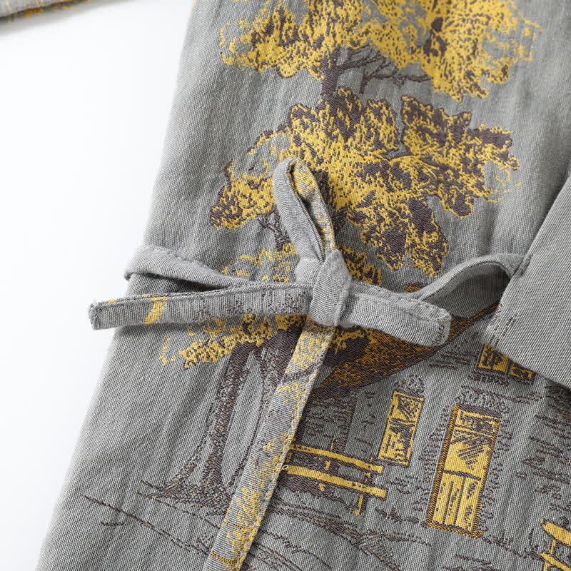 Cotton pajama set – Soft breathable fabric – Neutral landscape print – Comfortable kimono style for women