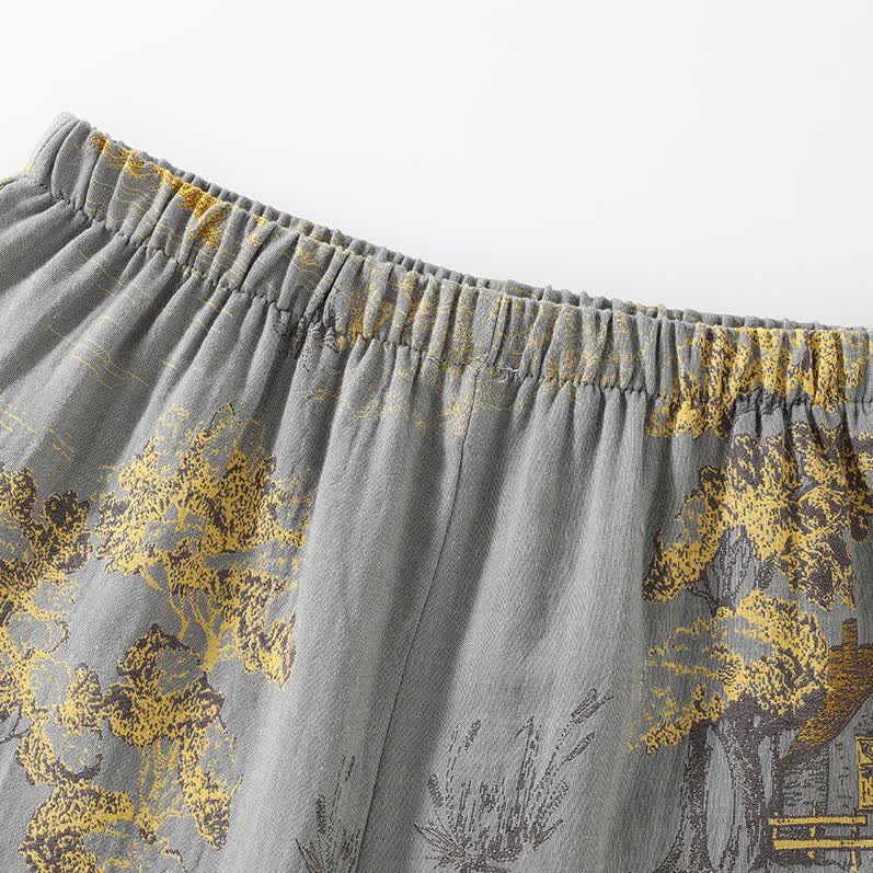 Cotton pajama set – Soft breathable fabric – Neutral landscape print – Comfortable kimono style for women