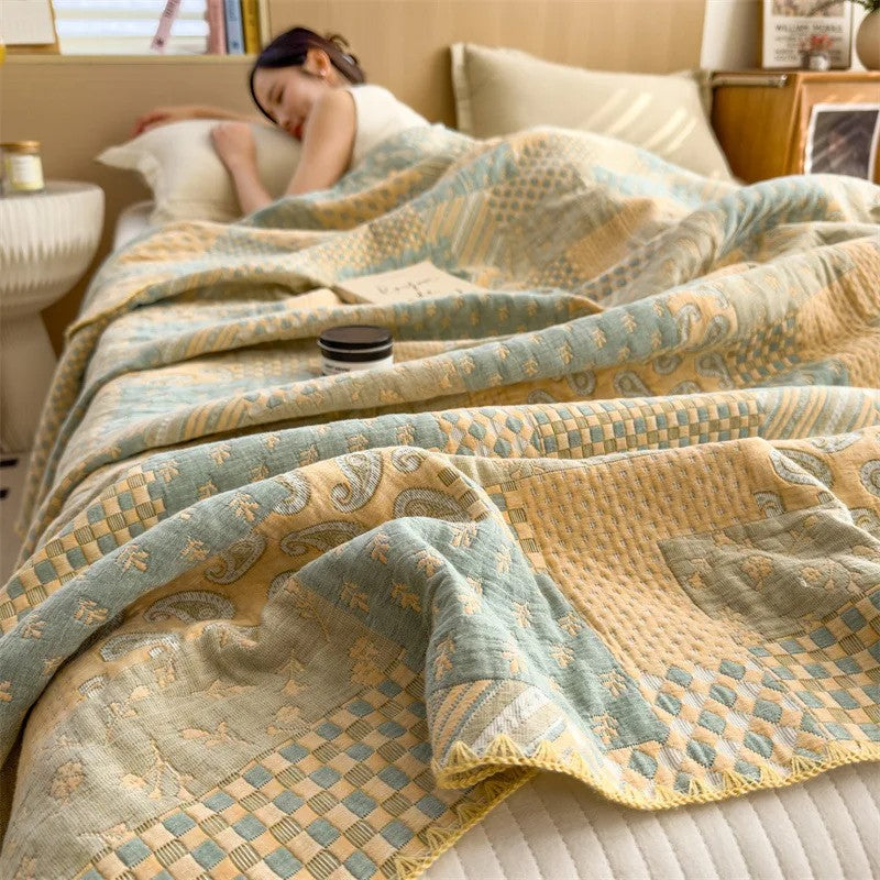 Cotton quilt – Breathable jacquard – Vintage check and paisley patterns – Lightweight summer throw blanket – 60 x 80