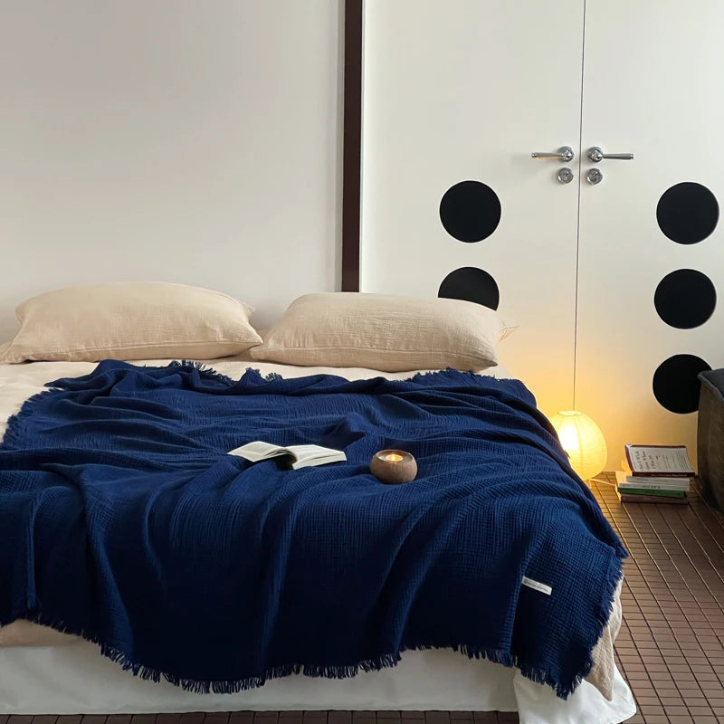 Cotton throw blanket – Lightweight crinkle texture – Tassel trim – Perfect for summer nights