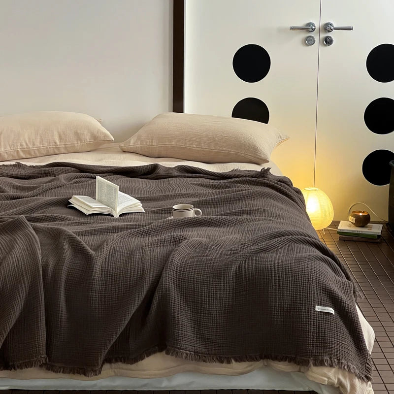 Cotton throw blanket – Lightweight crinkle texture – Tassel trim – Perfect for summer nights