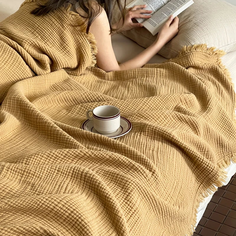 Cotton throw blanket – Lightweight crinkle texture – Tassel trim – Perfect for summer nights