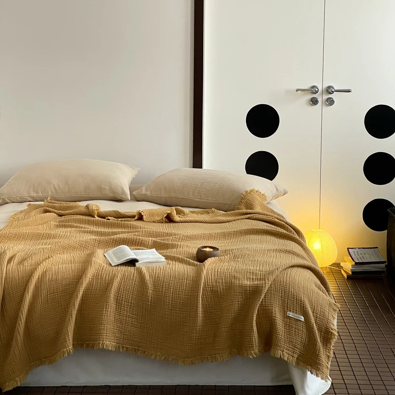 Cotton throw blanket – Lightweight crinkle texture – Tassel trim – Perfect for summer nights