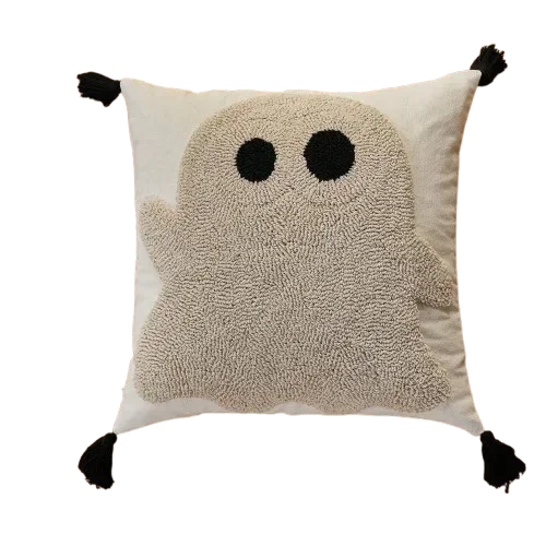 Cushion cover – Polyester – Embroidered ghost and pumpkin – Halloween decor for sofa – 17.7 x 17.7 in
