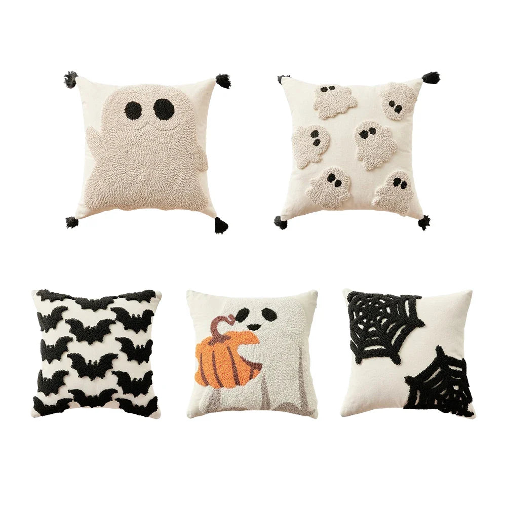Cushion cover – Polyester – Embroidered ghost and pumpkin – Halloween decor for sofa – 17.7 x 17.7 in