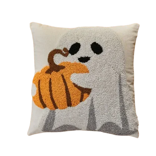 Cushion cover – Polyester – Embroidered ghost and pumpkin – Halloween decor for sofa – 17.7 x 17.7 in