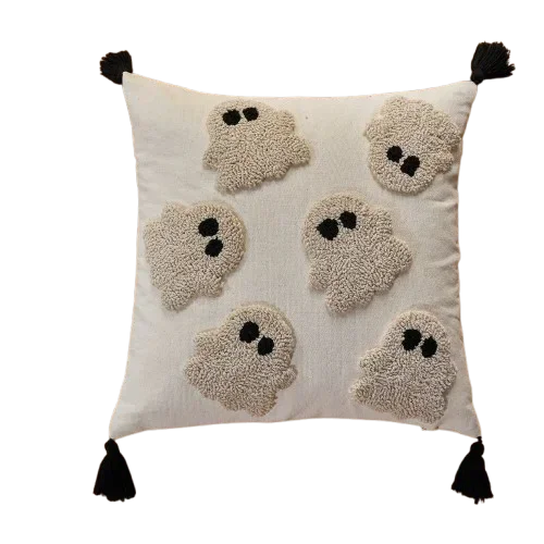 Cushion cover – Polyester – Embroidered ghost and pumpkin – Halloween decor for sofa – 17.7 x 17.7 in