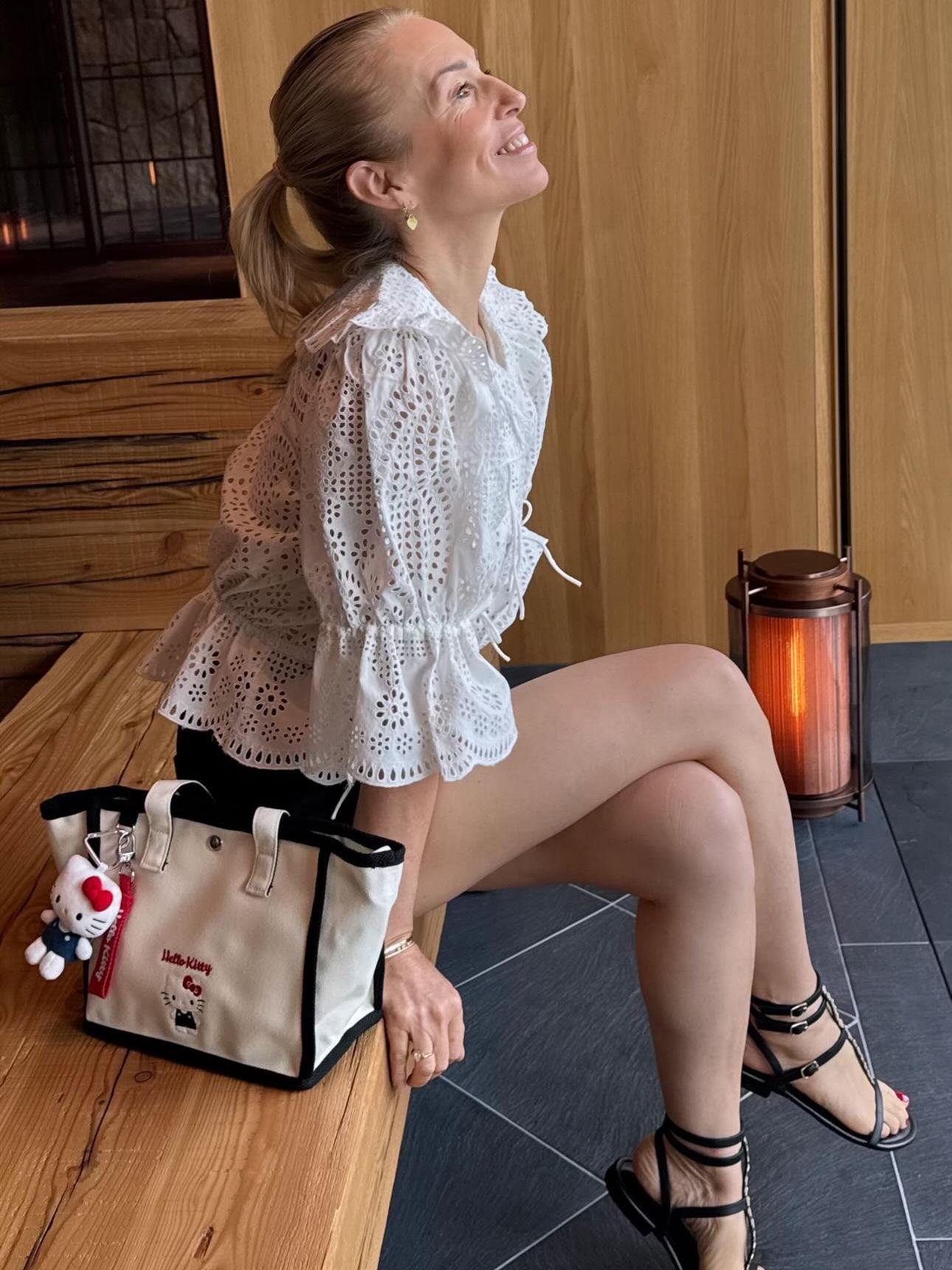 Eyelet Lace Ruffled Collar Peplum Blouse