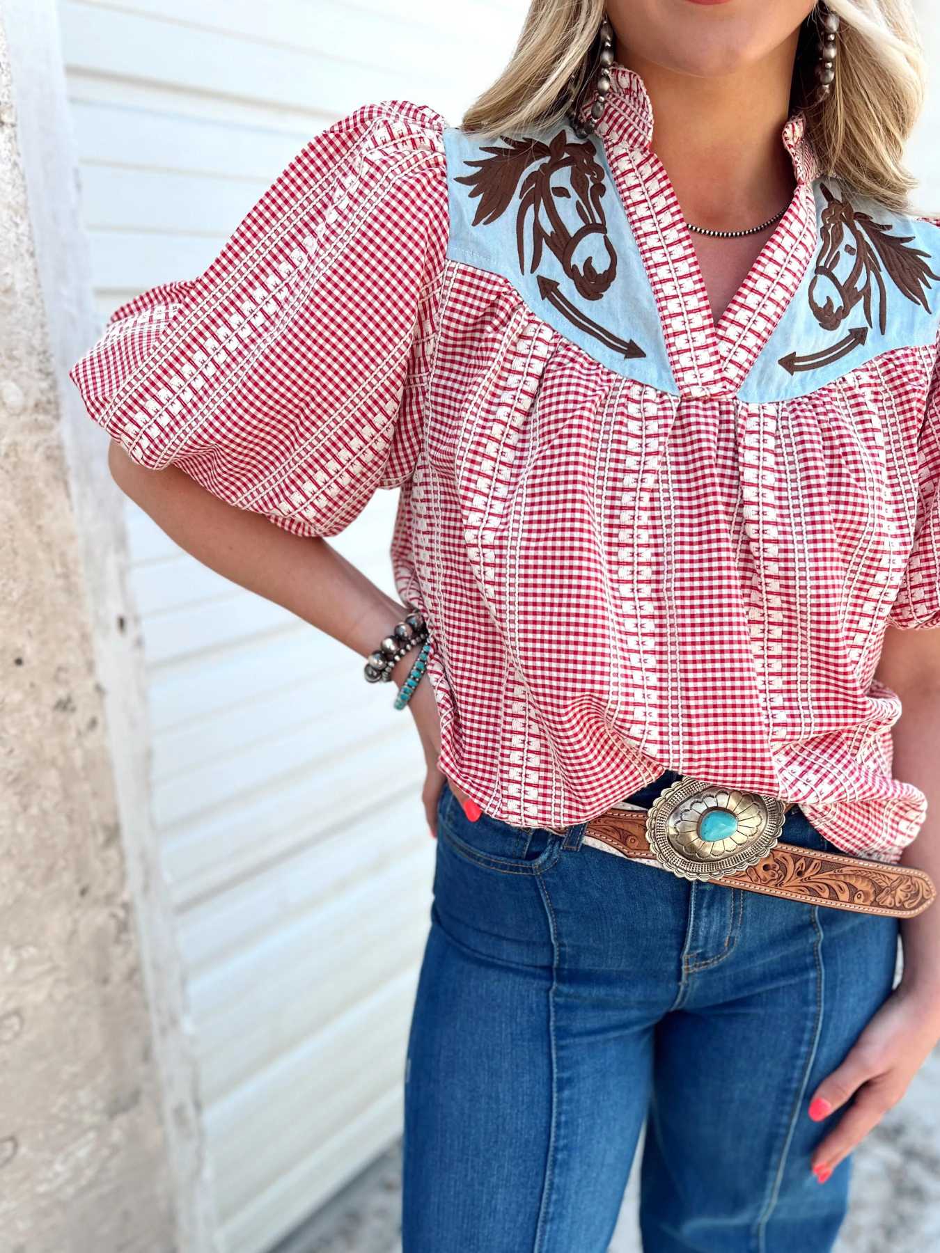 Prairie Horse Gingham Puff Sleeve Blouse