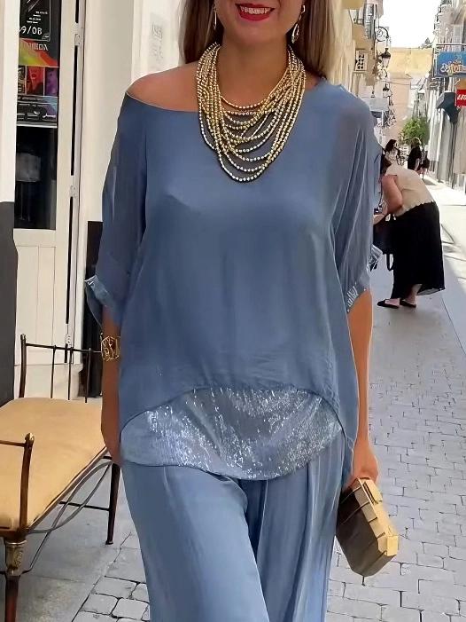 Chiffon Loose Off Shoulder Top With Wide Leg Pants Set