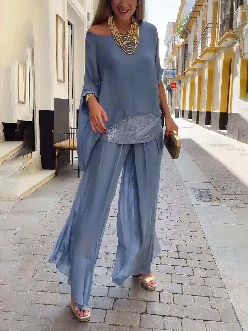 Chiffon Loose Off Shoulder Top With Wide Leg Pants Set