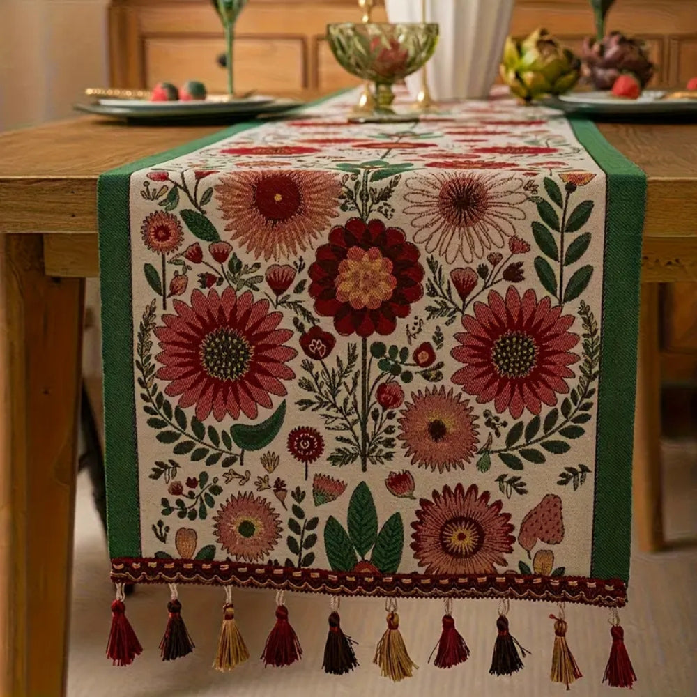 Embroidered Floral Tassel Table Runner