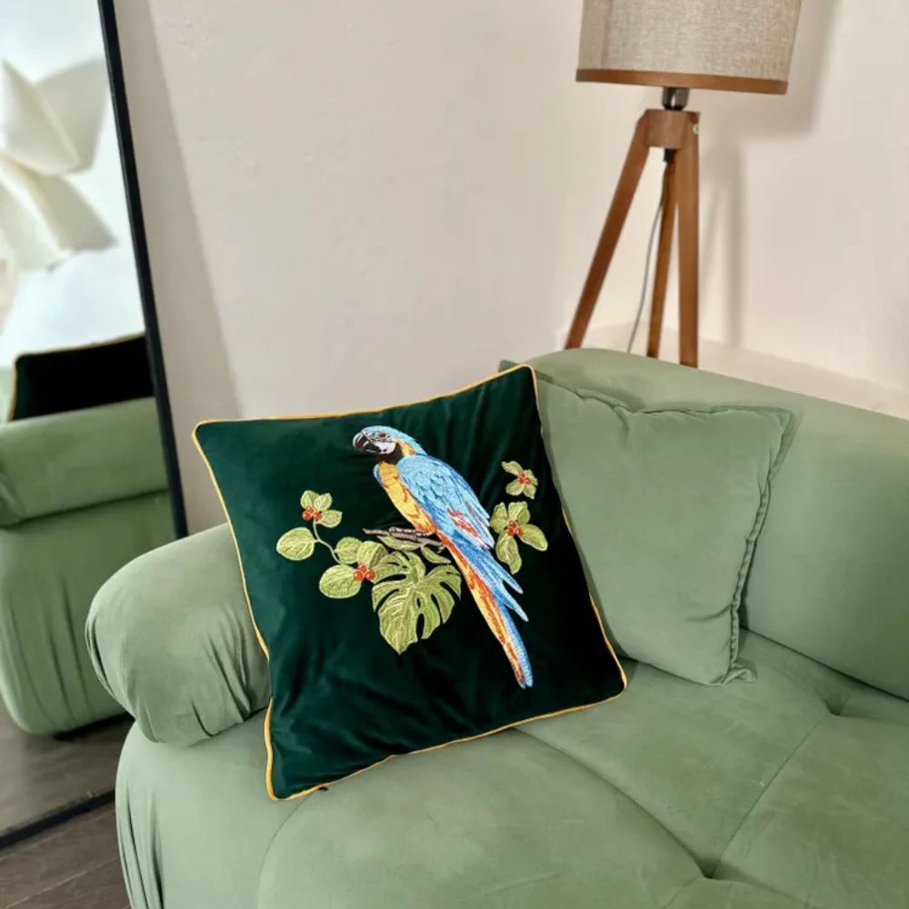 Embroidered Parrot Cushion