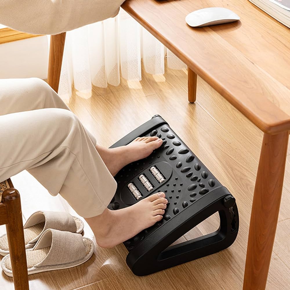 Ergonomic footrest – Memory foam – Adjustable height – Foot rest for under desk with massaging rollers