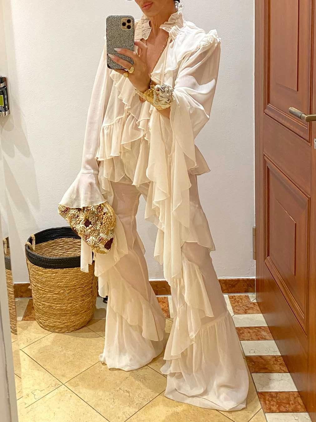 Fashionable Ruffled Chiffon Wide Leg Pants Set