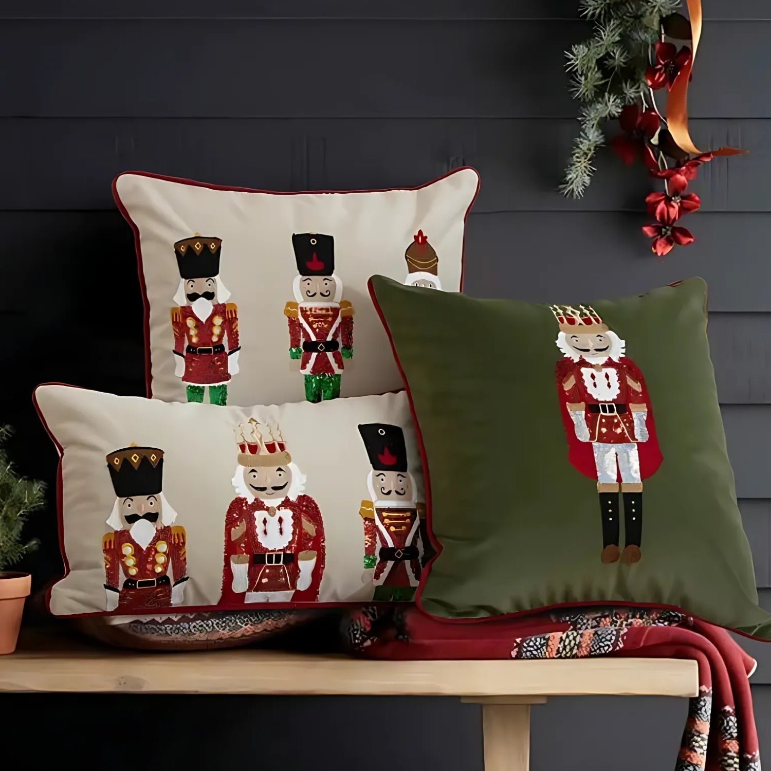 Festive Nutcracker Embroidered Christmas Cushion Cover