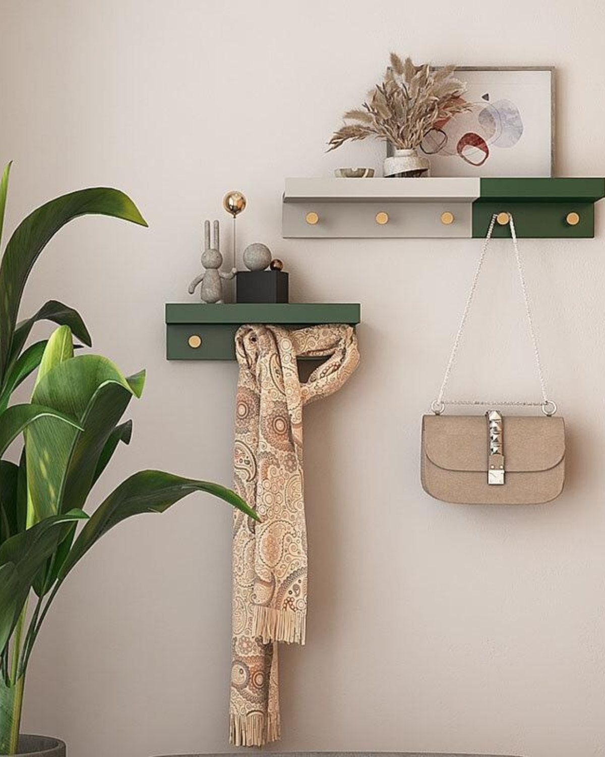 Floating shelf – Wood with brass accents – Natural finish – Modern wall decor solution