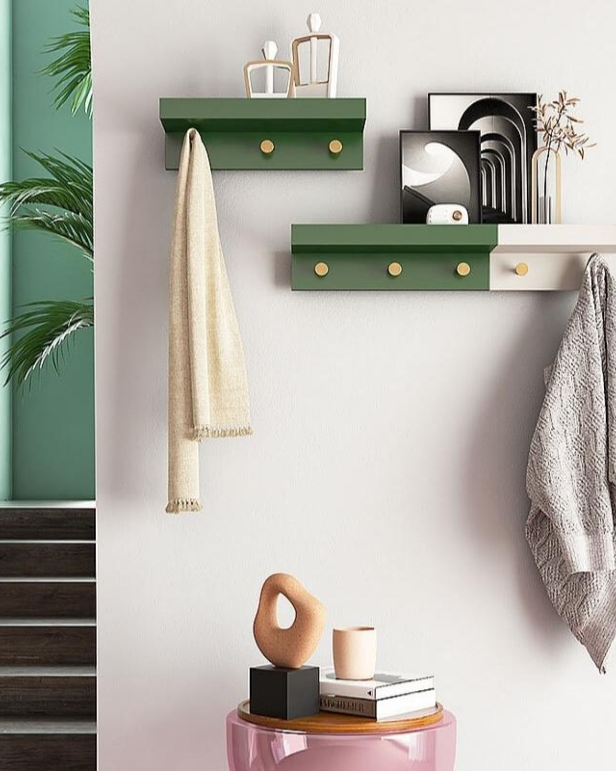 Floating shelf – Wood with brass accents – Natural finish – Modern wall decor solution