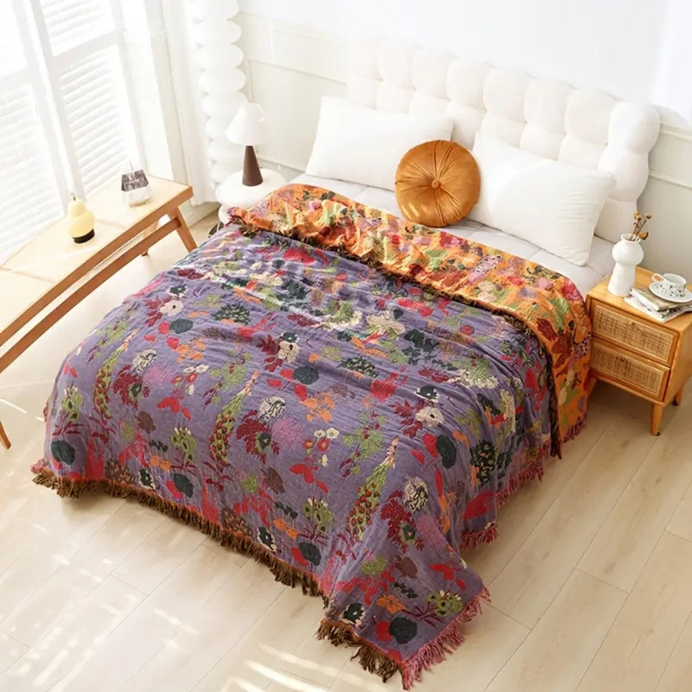 Floral Cotton Tassel Blanket - Reversible, Lightweight, Soft Jacquard Design for Bed or Sofa
